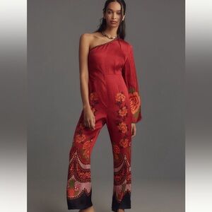 New FARM Rio x Anthropologie One Shoulder Floral Satin Jumpsuit